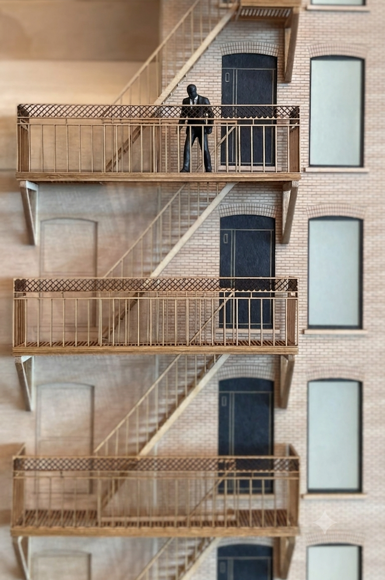 Close-up of hand-built miniature fire escape detail