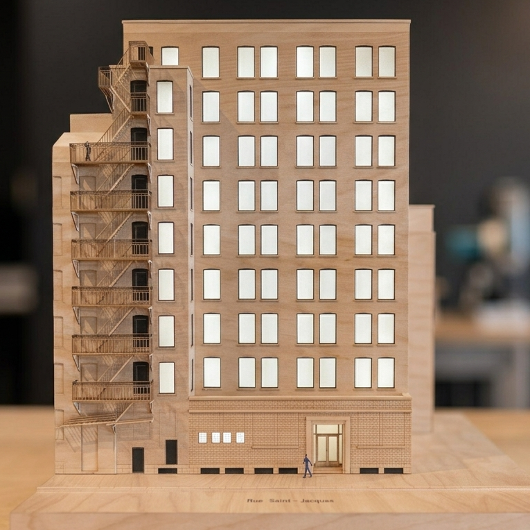 Scale model of a Rue Saint-Jacques heritage building with fire escapes