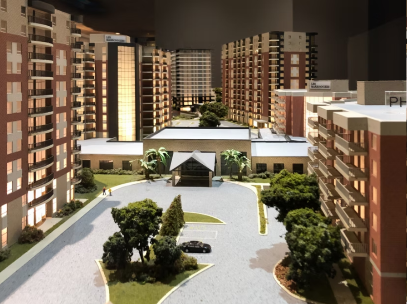 Le Marronnier residential towers scale model with landscaping